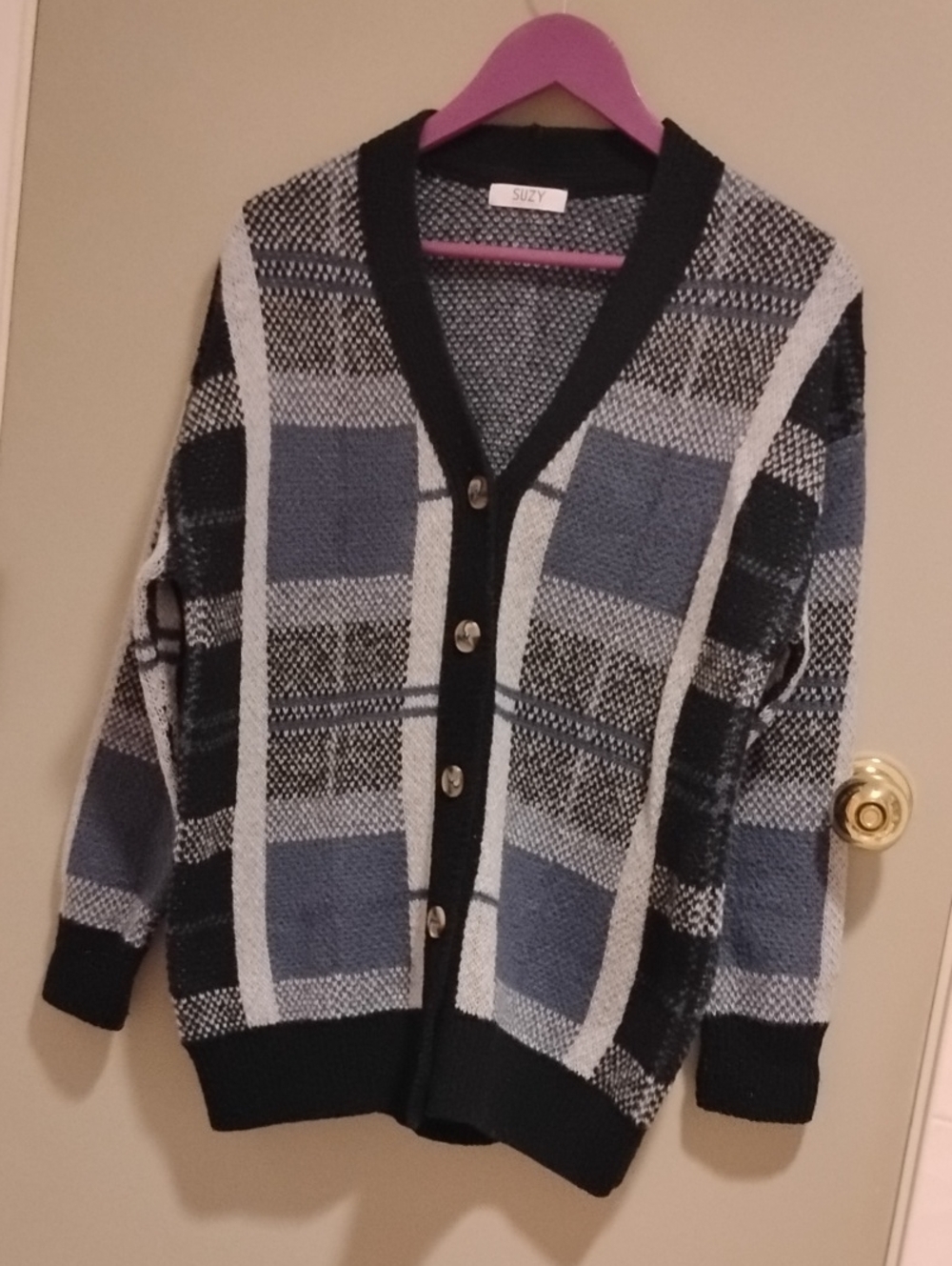 Womens Blue & Black Plaid Knit Cardigan Sweater